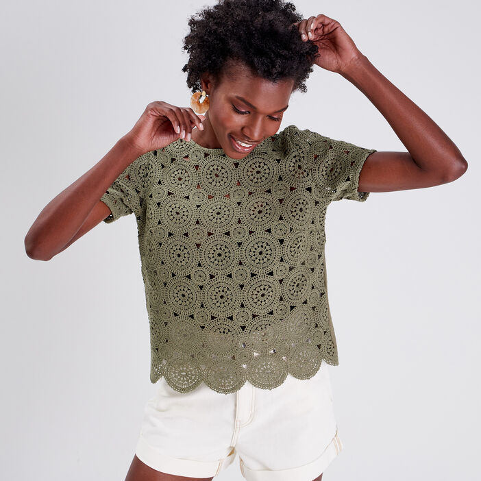 T-shirt manches courtes vert kaki femme