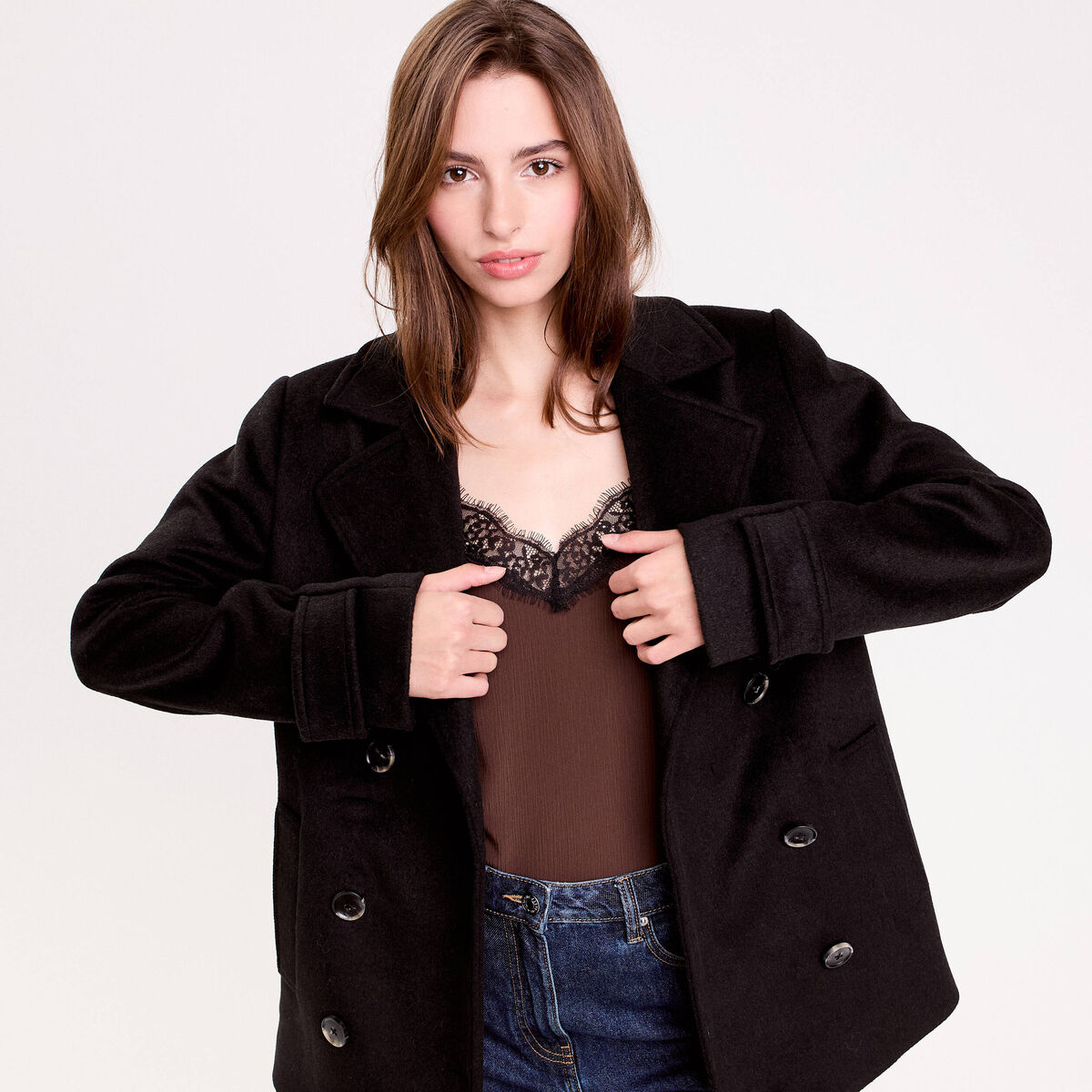 Caban col tailleur manches longues noir femme