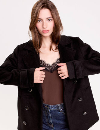 Caban col tailleur manches longues noir femme