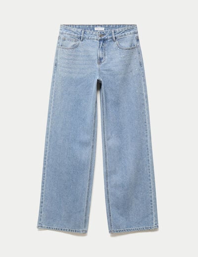 Jean wide leg taille basse strass denim triple stone femme