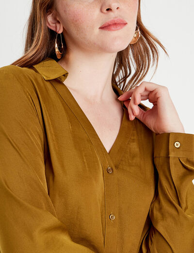 Chemise manches longues satin vert olive femme