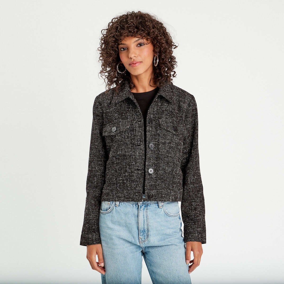Veste boutonnée tweed noir femme