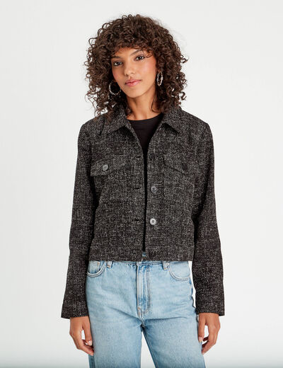Veste boutonnée tweed noir femme