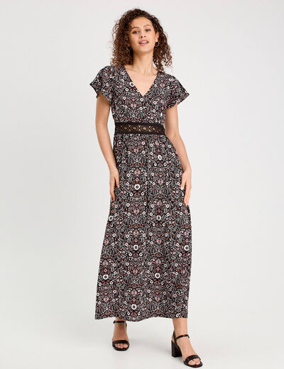 Robe longue évasée noir femme