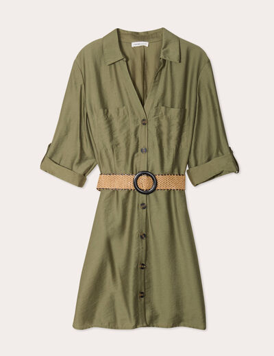 Robe chemise trapèze ceinturée vert kaki femme