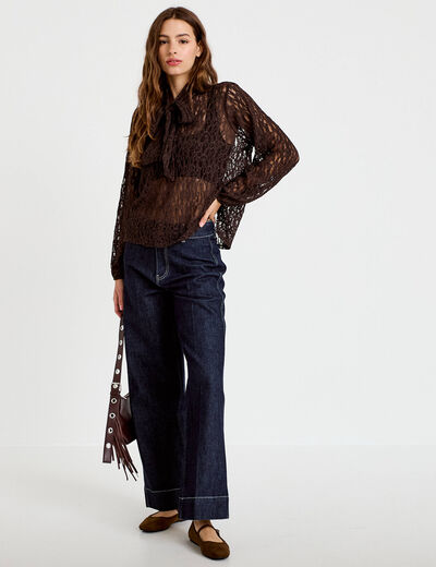Blouse droite col montant dentelle marron fonc&eacute; femme