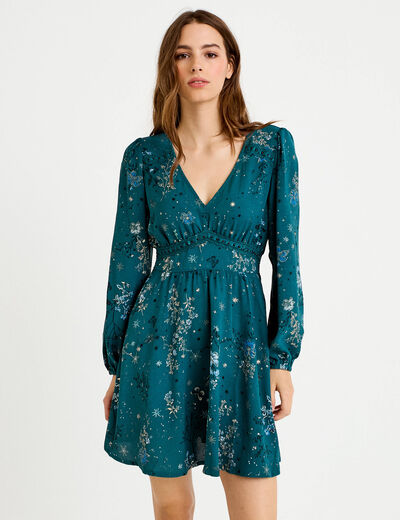 Robe courte &eacute;vas&eacute;e col v manches longues vert femme