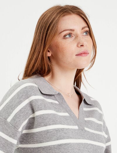 Pull manches longues col polo gris clair femme