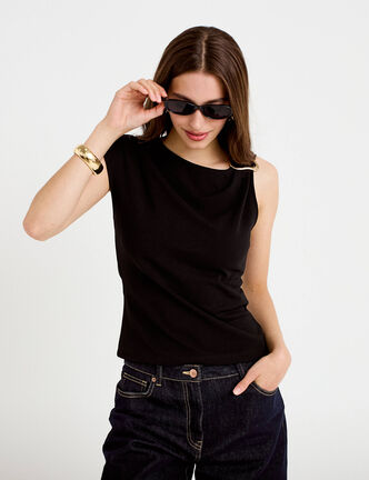 Top asym&eacute;trique d&eacute;tail bijou noir femme
