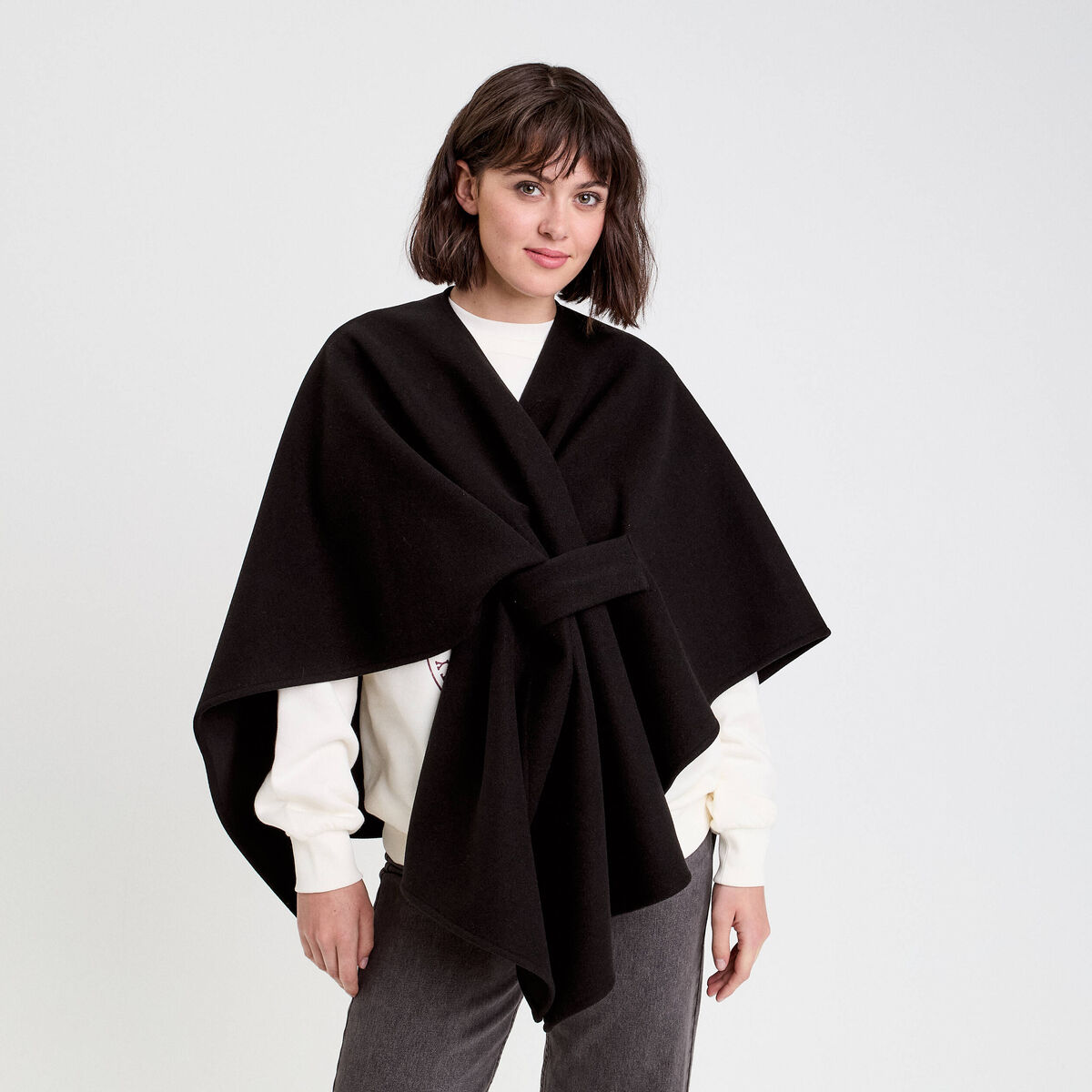 Poncho col V avec passant noir femme