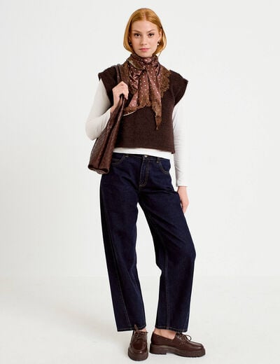 Pull 2-en-1 manches longues col rond marron fonc&eacute; femme