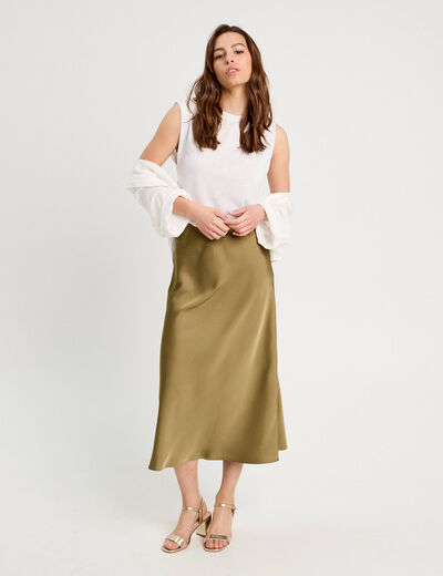 Jupe longue trapèze satin vert foncé femme