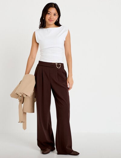 Pantalon large avec ceinture &agrave; bijou marron fonc&eacute; femme