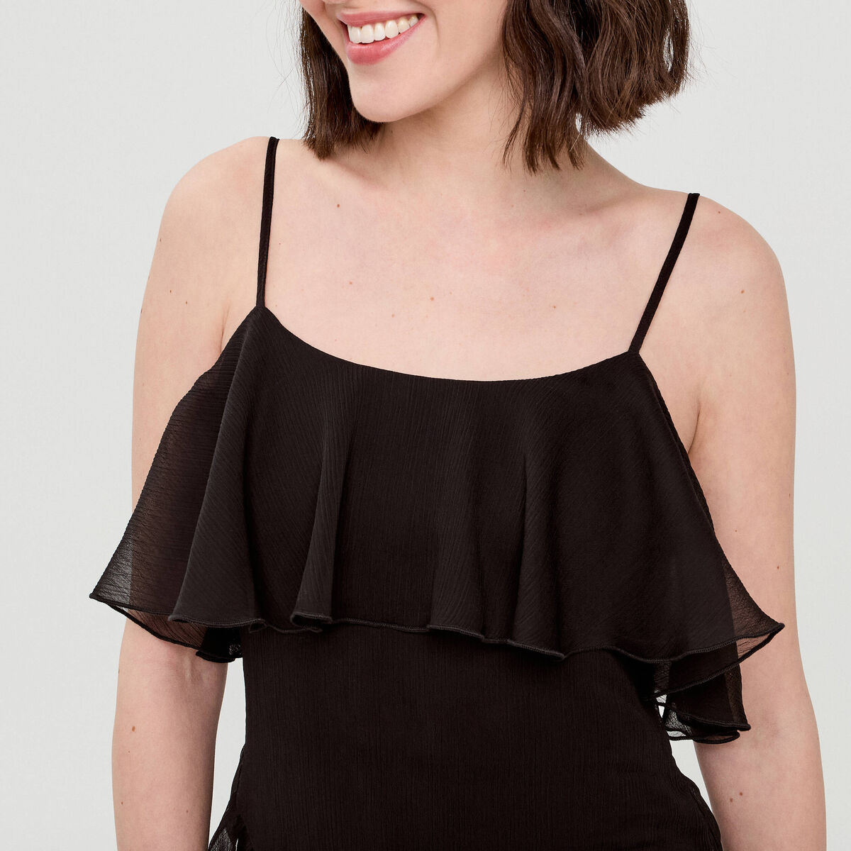 Robe longue droite volants noir femme