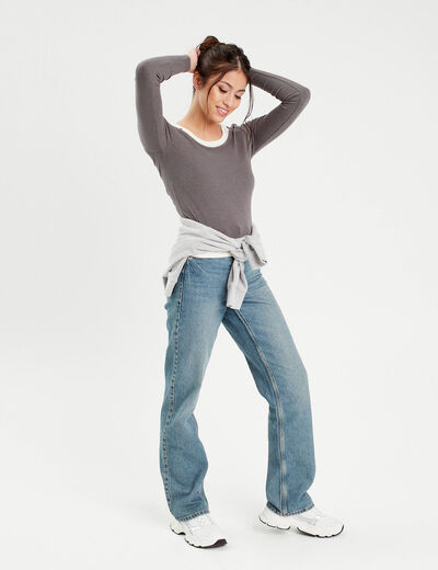 T-shirt manches longues 2-en-1 gris foncé femme