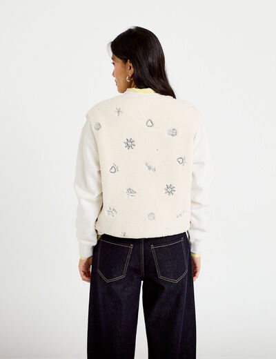 Gilet sans manches effet polaire col v ecru femme
