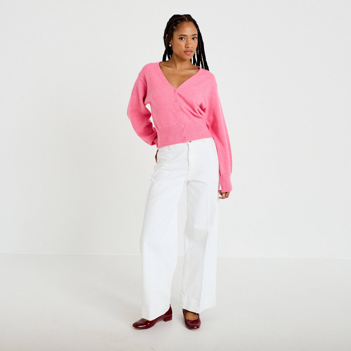 Gilet col v manches longues rose vif femme