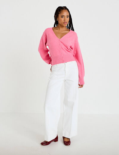 Gilet col v manches longues rose vif femme