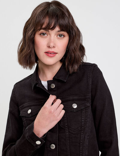 Veste droite boutonnée en jean noir femme