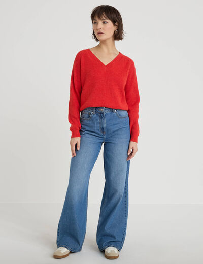 Pull fin col v rouge femme