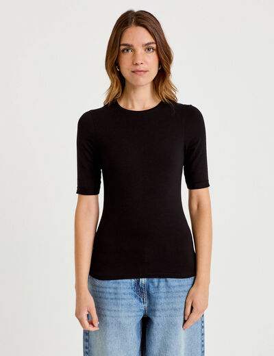 T-shirt ajust&eacute; col rond manches courtes noir femme