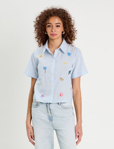 Chemise manches courtes brodée bleu femme