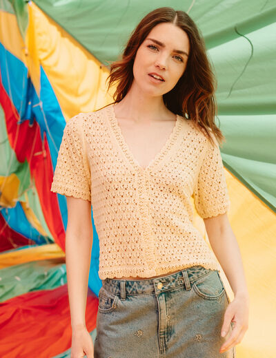 Gilet ajour&eacute; col v manches courtes jaune pastel femme