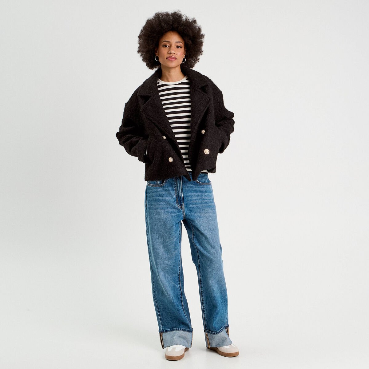 Caban court boutonné noir femme