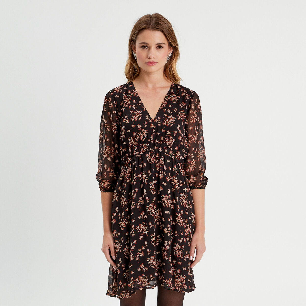Robe évasée manches 3/4 noir femme