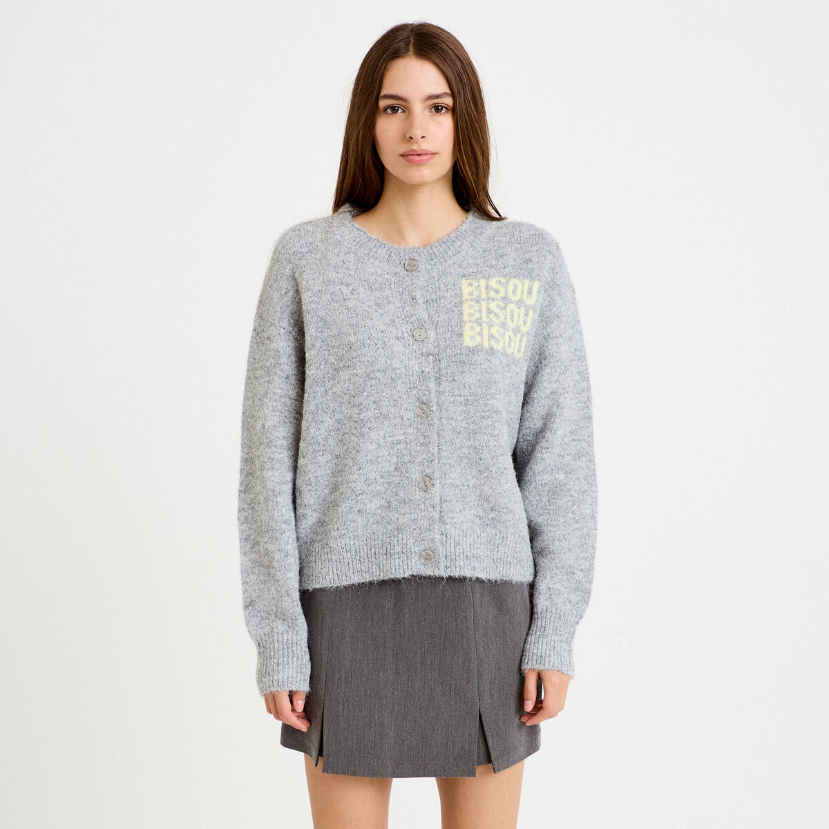 Gilet ample col rond manches longues gris clair femme