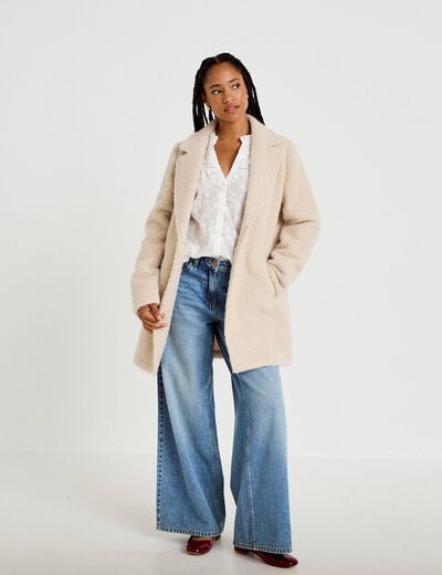 Manteau droit mi-long bouclettes beige femme