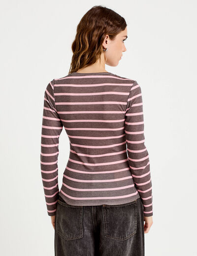 T-shirt ajust&eacute; col rond manches longues marron fonc&eacute; femme