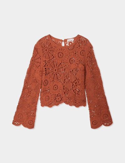 Pull ajouré effet crochet terracotta femme