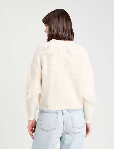 Pull avec franges ecru femme