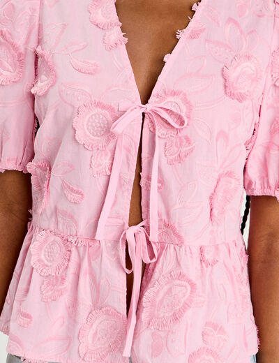 Blouse manches courtes noeuds rose poudrée femme