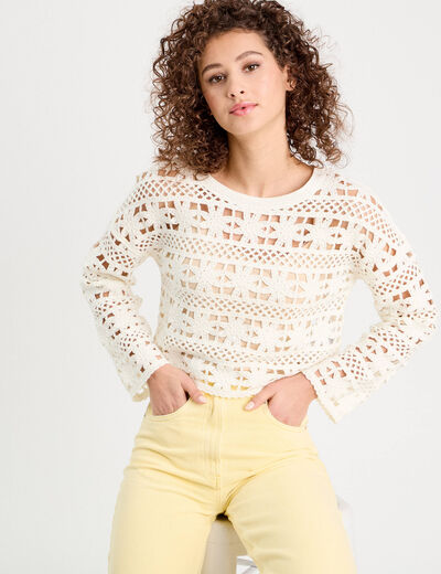 Pull ajouré effet crochet ecru femme