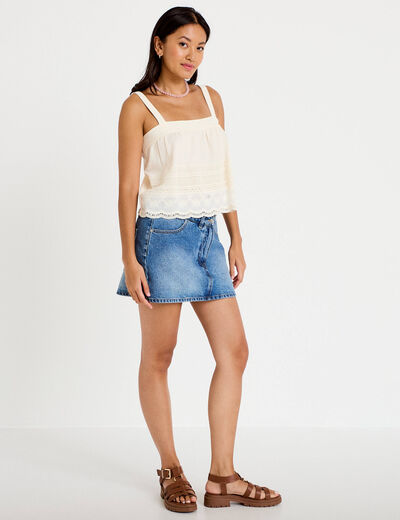 Top &agrave; bretelles broderie ecru femme