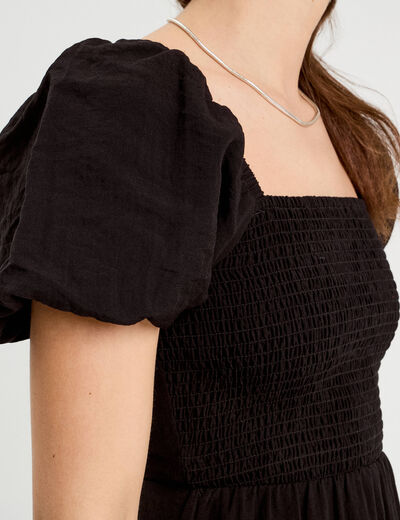 Robe longue évasée smockée noir femme
