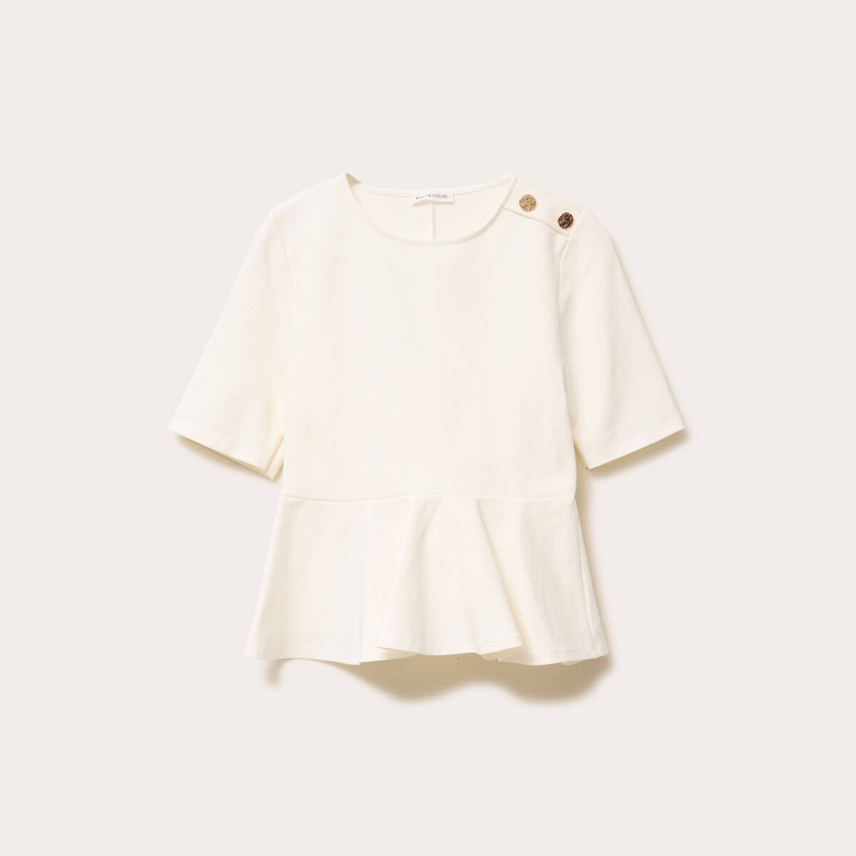 Top cintr&eacute; col rond manches longues ecru femme