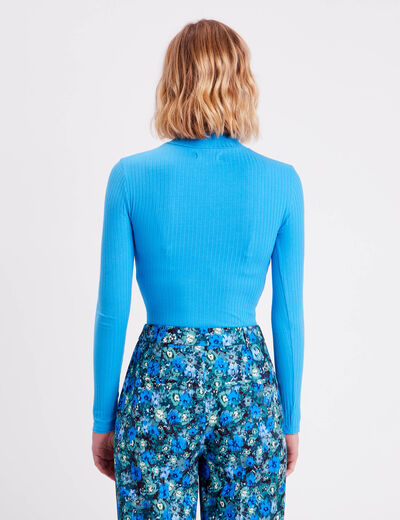 T-shirt côtelé col montant bleu femme