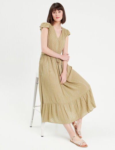 Robe longue évasée plumetis vert pastel femme