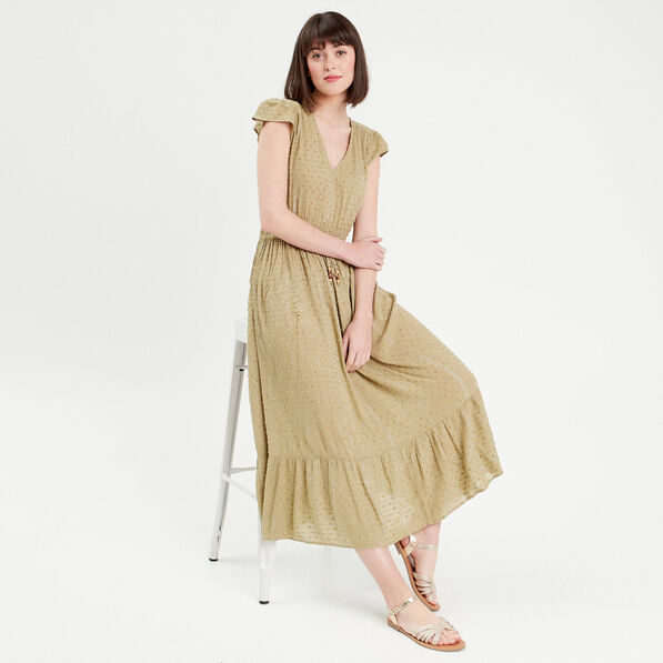 Robe longue évasée plumetis vert pastel femme