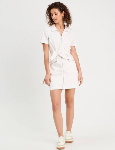 Robe droite zippée ceinturée ecru femme