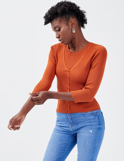 Gilet manches 3/4 boutonné marron cognac femme