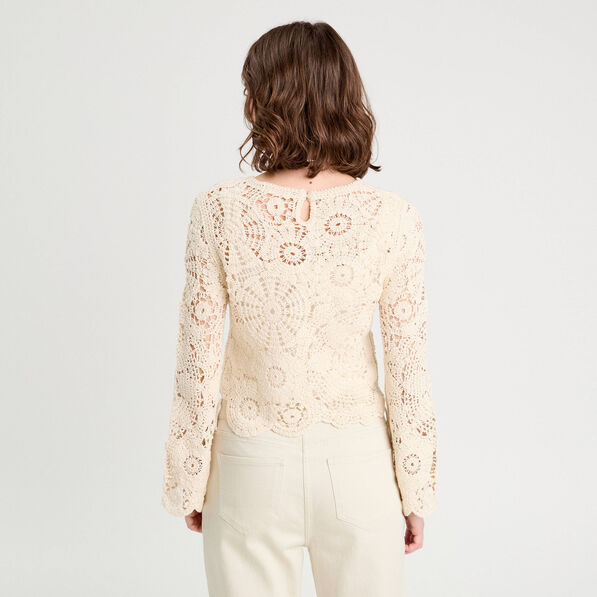 Pull ajouré effet crochet ecru femme
