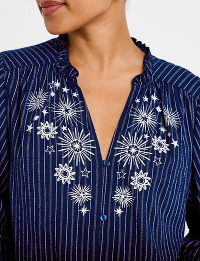Blouse ample broderie manches 3/4 bleu femme