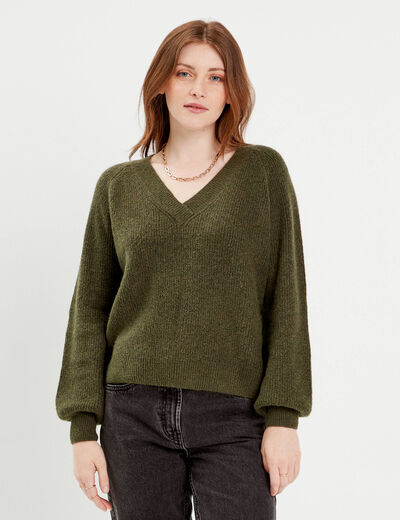 Pull avec col en V vert kaki femme