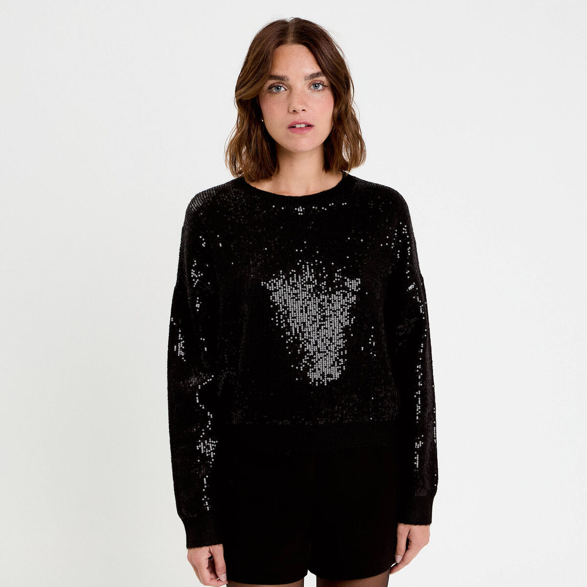 Pull manches longues avec sequins noir femme