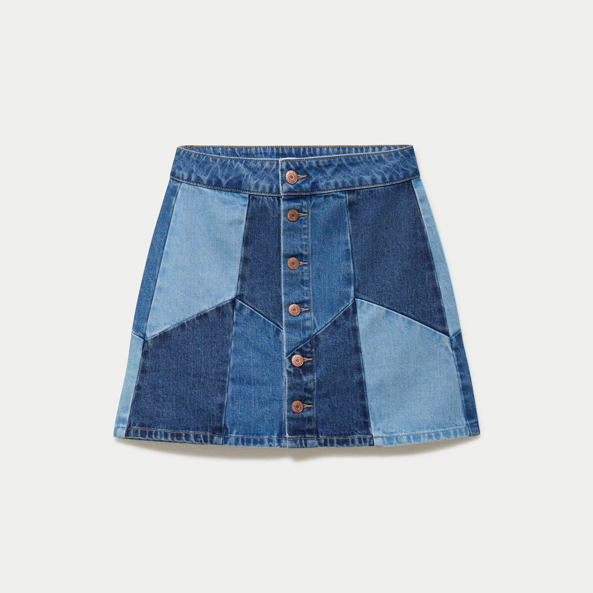 Jupe courte &eacute;vas&eacute;e taille haute en jean denim double stone femme
