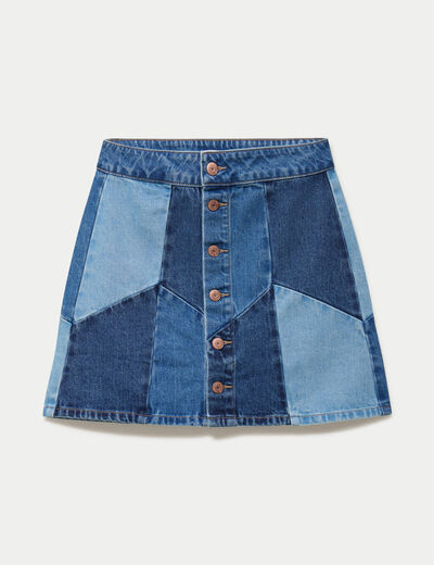 Jupe courte &eacute;vas&eacute;e taille haute en jean denim double stone femme